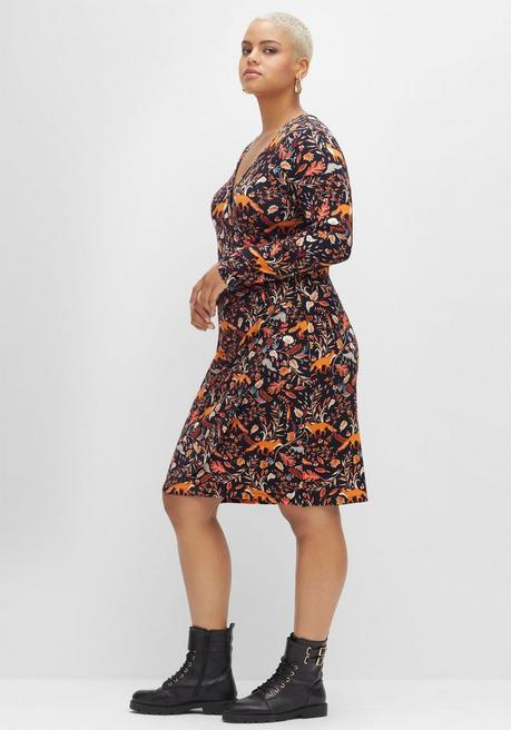 sheego by Joe Browns Jerseykleid in Wickeloptik mit tiefem V-Ausschnitt - schwarz bedruckt sheego