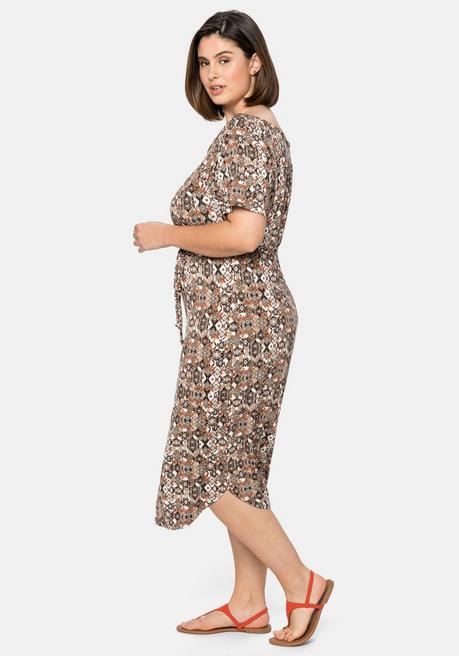 Sheego Jerseykleid Mit Bindeband Und Carmenausschnitt - Rostrot Gemustert Sheego