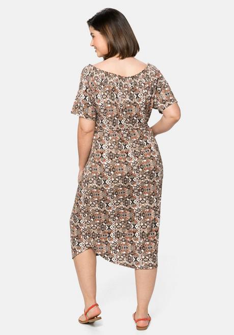 Sheego Jerseykleid Mit Bindeband Und Carmenausschnitt - Rostrot Gemustert Sheego