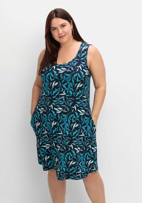 Sheego Jerseykleid Mit Blätterprint Und Taschen - Tiefblau Gemustert Sheego