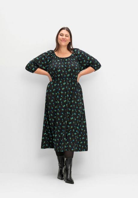 Sheego Jerseykleid Mit Variablem Carmen-Ausschnitt - Schwarz Gemustert Sheego