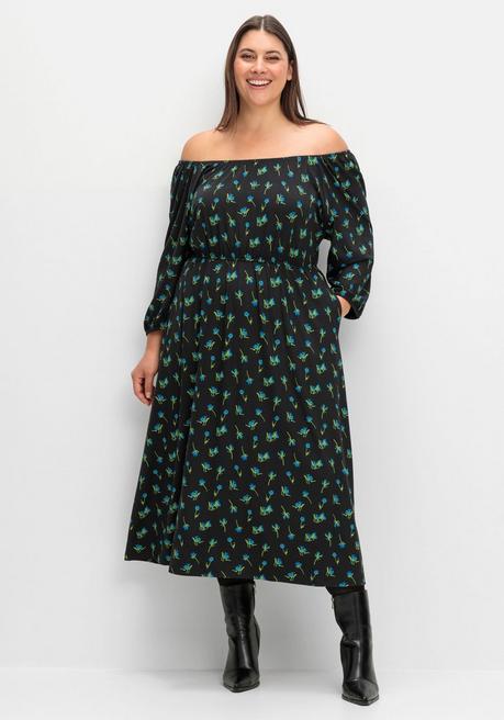 Sheego Jerseykleid Mit Variablem Carmen-Ausschnitt - Schwarz Gemustert Sheego