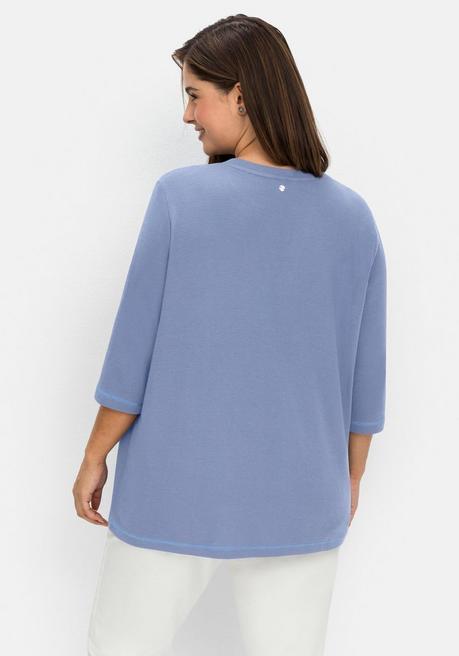 Sheego Jerseyshirt Aus Waffelpiqué, Mit V-Cut Und 3/4-Arm - Mittelblau Sheego