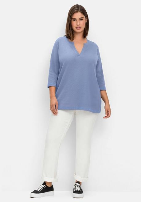 Sheego Jerseyshirt Aus Waffelpiqué, Mit V-Cut Und 3/4-Arm - Mittelblau Sheego