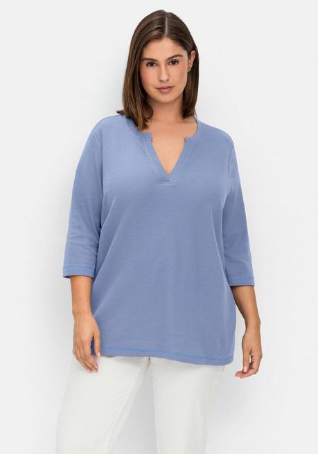 sheego Jerseyshirt aus Waffelpiqué, mit V-Cut und 3/4-Arm - mittelblau sheego