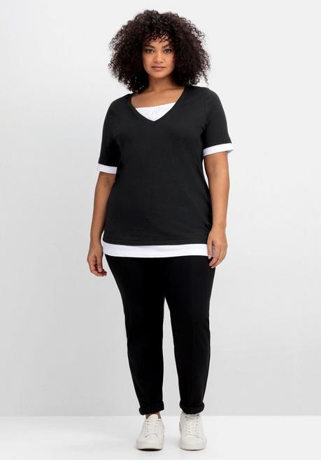 Sheego Jerseyshirt In 2-in-1-Optik, Mit V-Ausschnitt - Schwarz-weiß Sheego