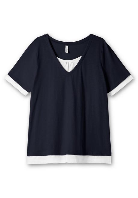 Sheego Jerseyshirt In 2-in-1-Optik, Mit V-Ausschnitt - Tiefblau-weiß Sheego