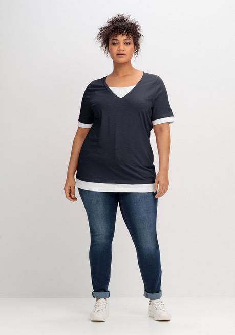 Sheego Jerseyshirt In 2-in-1-Optik, Mit V-Ausschnitt - Tiefblau-weiß Sheego