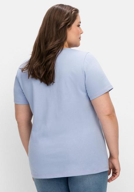 Sheego Jerseyshirt Mit Wordingprint, Leicht Tailliert - Mittelblau Bedruckt Sheego