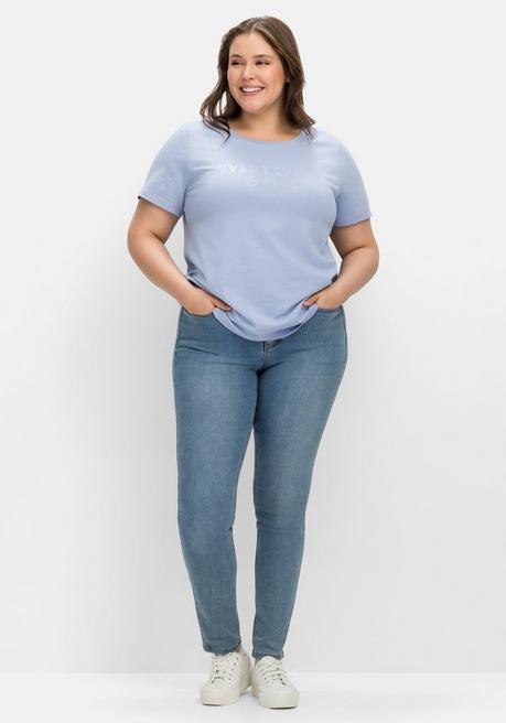 Sheego Jerseyshirt Mit Wordingprint, Leicht Tailliert - Mittelblau Bedruckt Sheego