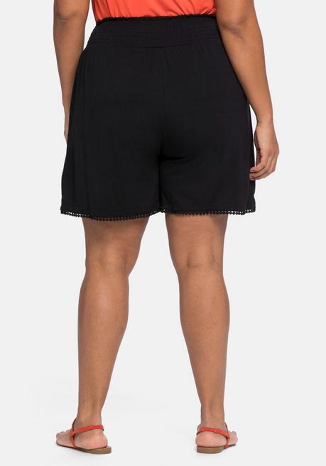 Sheego Jerseyshorts Mit Smokbund Und Häkelspitze - Schwarz Sheego