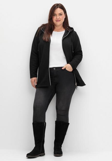 Sheego Kapuzen-Sweatjacke In Fischgrät-Struktur - Schwarz Sheego