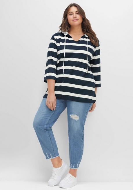 Sheego Kapuzenshirt Mit Streifenmuster Und 3/4-Arm - Nachtblau-weiß Sheego