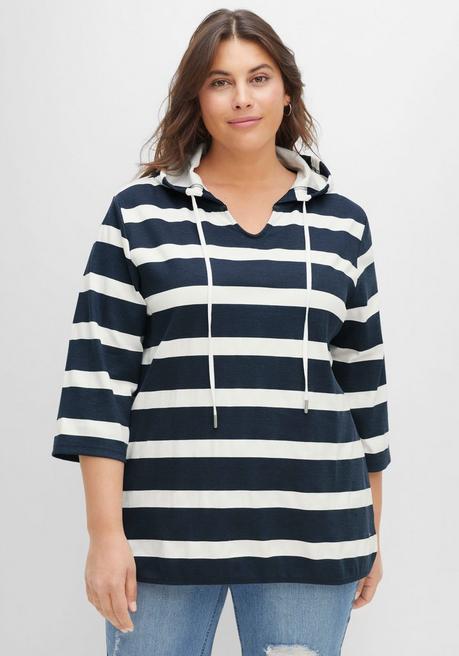 sheego Kapuzenshirt mit Streifenmuster und 3/4-Arm - nachtblau-weiß sheego