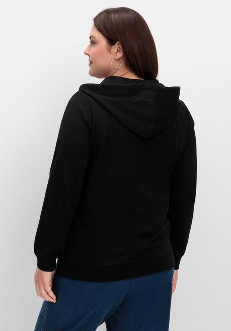 Sheego Kapuzensweatjacke Mit Print Und Kängurutasche - Schwarz Sheego