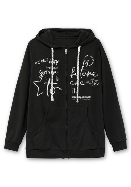 Sheego Kapuzensweatjacke Mit Print Und Kängurutasche - Schwarz Sheego