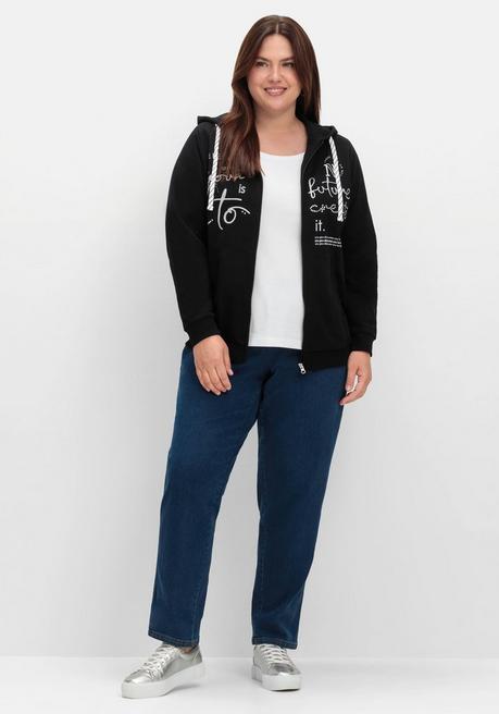 Sheego Kapuzensweatjacke Mit Print Und Kängurutasche - Schwarz Sheego