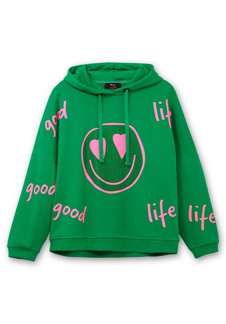 Sheego Loves Miss Goodlife Kapuzensweatshirt Mit Smiley-Druck Und Glitzersteinen - Dunkelgrün Bedruckt Sheego