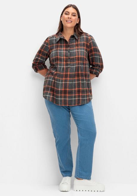 Sheego Karierte Flanell-Tunika Mit Krempelarm - Schwarz-orange Sheego