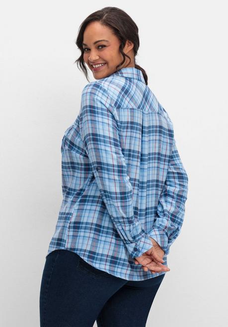 Sheego Karierte Flanellbluse Mit Brusttaschen - Mittelblau-blau Kariert Sheego