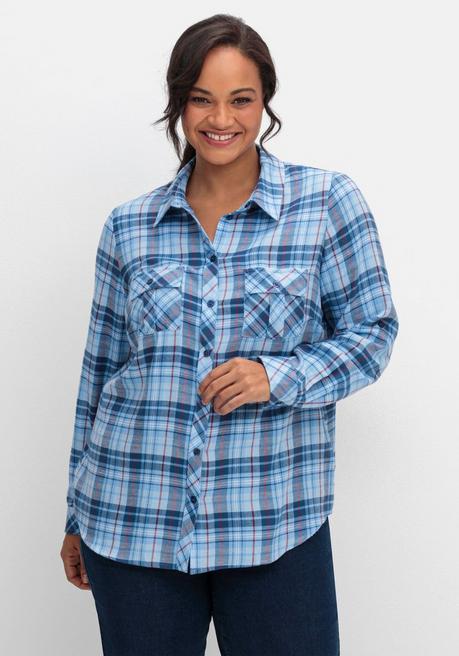 sheego Karierte Flanellbluse mit Brusttaschen - mittelblau-blau kariert sheego