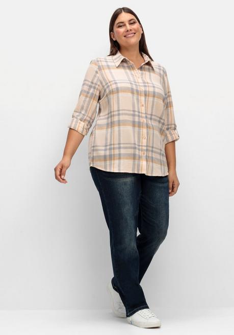 Sheego X Collection L. Karierte Flanellbluse Mit Krempelärmeln - Beigefarben Gemustert Sheego