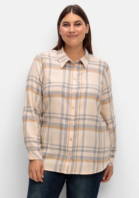 Sheego X Collection L. Karierte Flanellbluse Mit Krempelärmeln - Beigefarben Gemustert Sheego
