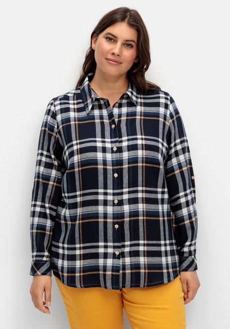 Sheego X Collection L. Karierte Flanellbluse Mit Krempelärmeln - Marine Gemustert Sheego