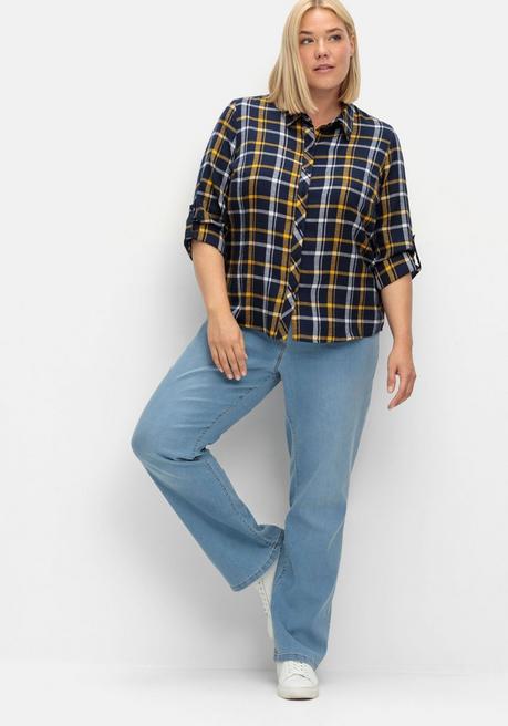 Sheego Karierte Flanellbluse Mit Krempelärmeln - Marine-ocker Kariert Sheego