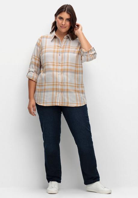 Sheego X Collection L. Karierte Flanellbluse Mit Krempelärmeln - Steingrau Gemustert Sheego