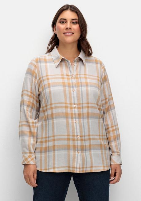 sheego x Collection L. Karierte Flanellbluse mit Krempelärmeln - steingrau gemustert sheego