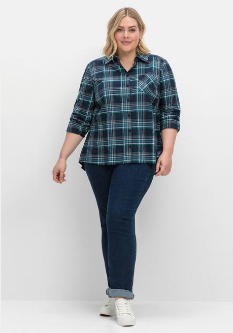 Sheego Karierte Hemdbluse In Crinkle-Struktur - Nachtblau Kariert Sheego