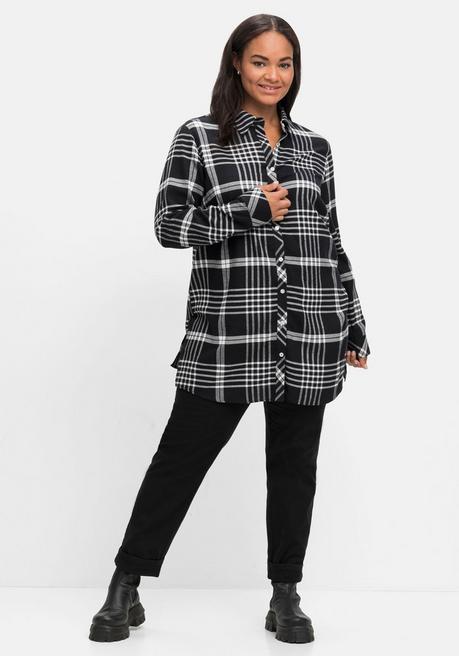 Sheego Karierte Hemdbluse In Longform - Schwarz Kariert Sheego