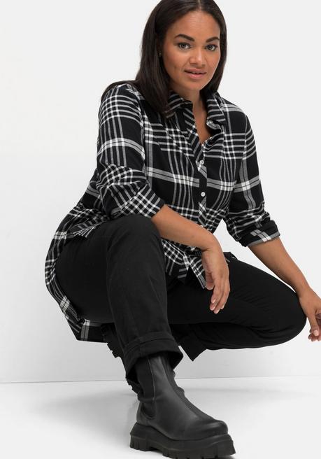 Sheego Karierte Hemdbluse In Longform - Schwarz Kariert Sheego