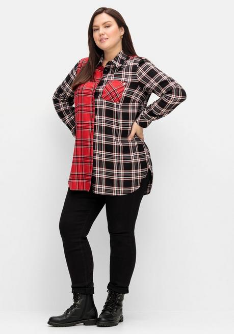 Sheego Karierte Longbluse Im Farbmix, Aus Twillqualität - Schwarz-weiß Kariert Sheego