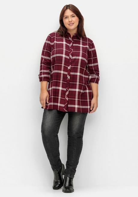 Sheego Karierte Longbluse Mit Kragen Und Manschettenärmel - Weinrot Kariert Sheego