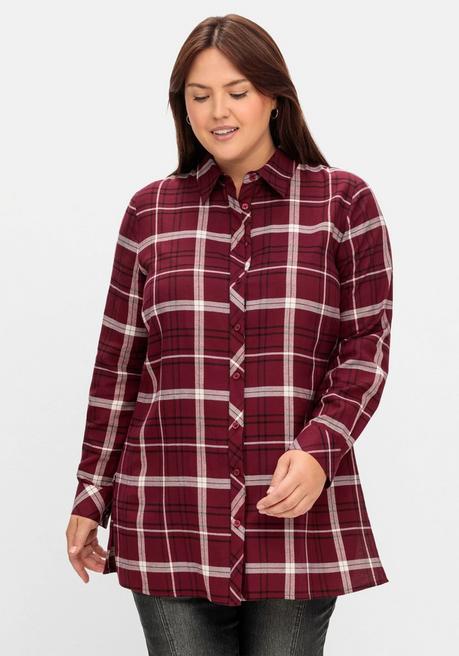 Sheego Karierte Longbluse Mit Kragen Und Manschettenärmel - Weinrot Kariert Sheego