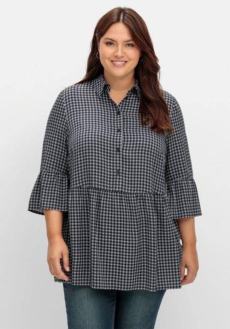 sheego Karierte Tunika mit Volants und 3/4-Ärmeln - schwarz-weiß gemustert sheego