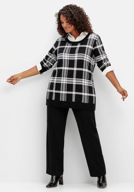 Sheego Karierter Pullover Mit Rundhals Und Kontrastbündchen - Schwarz-weiß Sheego