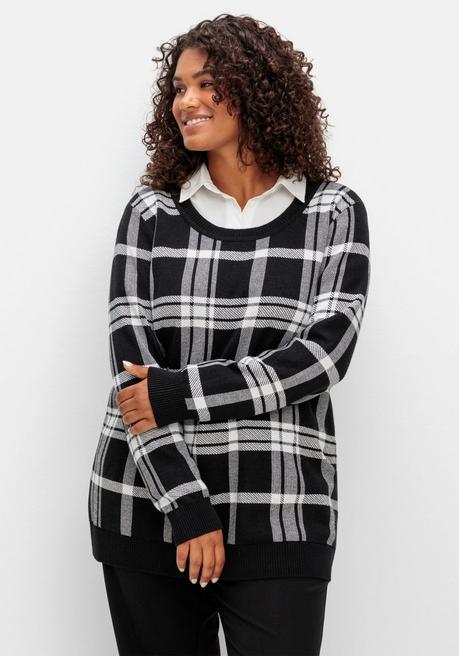 Sheego Karierter Pullover Mit Rundhals Und Kontrastbündchen - Schwarz-weiß Sheego
