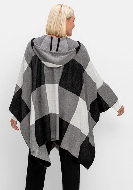 Sheego Kariertes Poncho-Cape Mit Kapuze, Offene Form - Schwarz-weiß Sheego