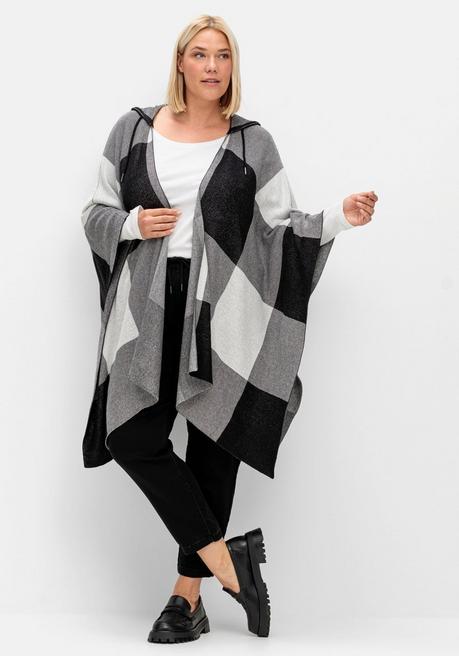 Sheego Kariertes Poncho-Cape Mit Kapuze, Offene Form - Schwarz-weiß Sheego