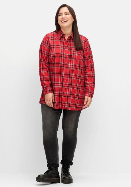 Sheego Karo-Hemdbluse In Leicht Ausgestellter Longform - Mohnrot Kariert Sheego