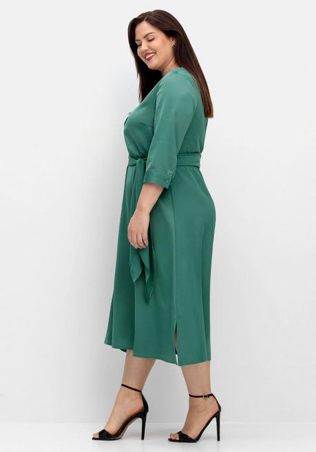 Sheego Kleid Aus Crêpe-Satin, Mit 3/4-Arm Und Bindeband - Opalgrün Sheego