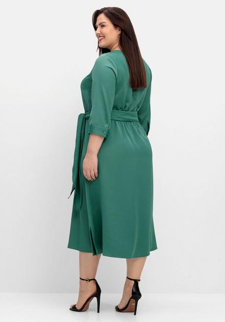 Sheego Kleid Aus Crêpe-Satin, Mit 3/4-Arm Und Bindeband - Opalgrün Sheego