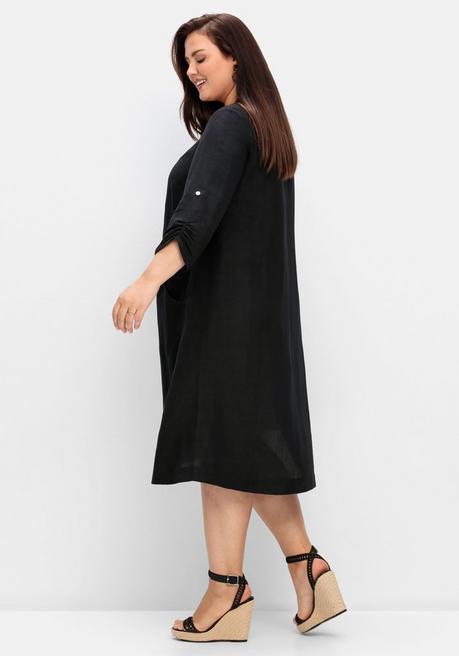 Sheego Kleid In A-Linie Mit 3/4-Ärmeln, Aus Leinen-Viskose-Mix - Schwarz Sheego