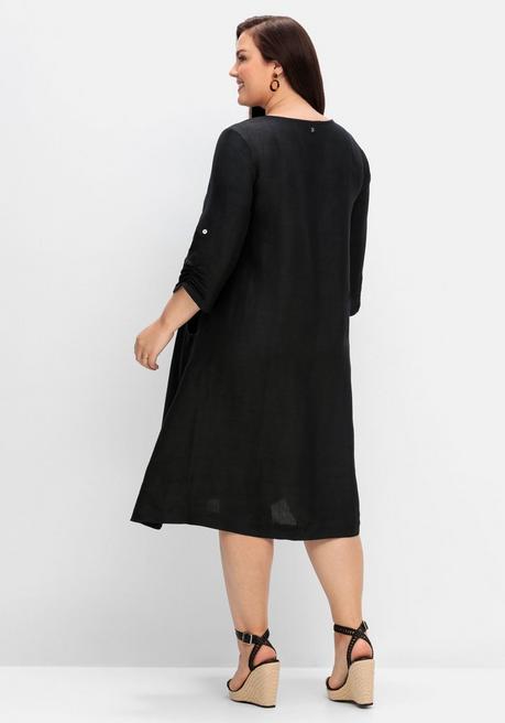 Sheego Kleid In A-Linie Mit 3/4-Ärmeln, Aus Leinen-Viskose-Mix - Schwarz Sheego