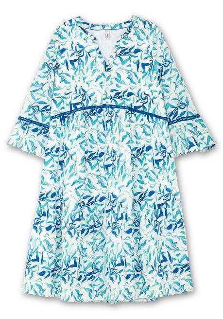 Sheego Kleid In A-Linie, Mit Blätterprint Und Hohlsaumspitze - Weiß Gemustert Sheego