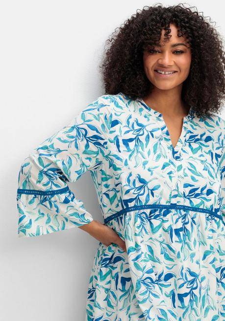 Sheego Kleid In A-Linie, Mit Blätterprint Und Hohlsaumspitze - Weiß Gemustert Sheego