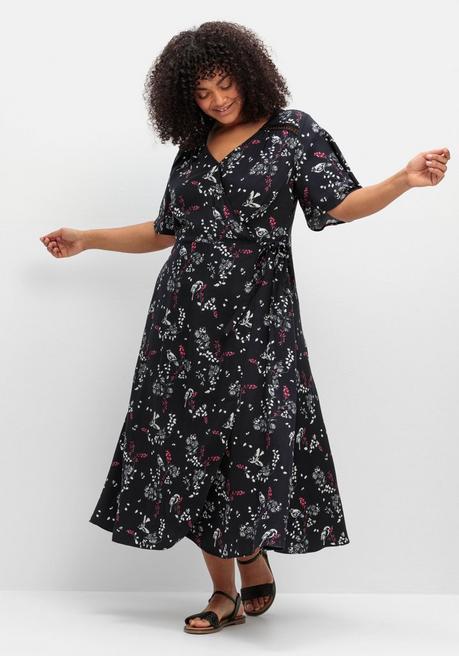 Sheego Kleid In Wickeloptik, Mit Alloverprint - Schwarz-weiß Gemustert Sheego